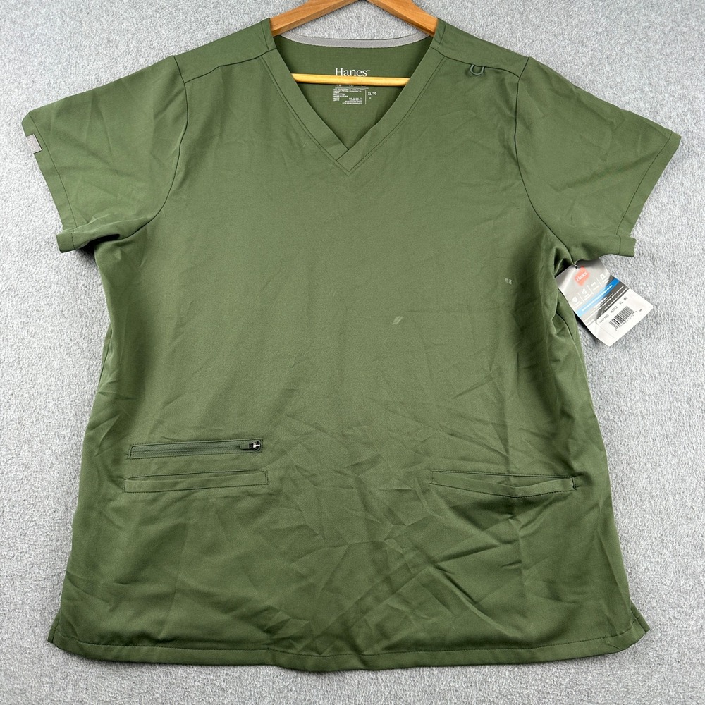 Hanes Scrub Top Women XL HWP100 Olive Green V-Neck Short Sleeve Pocket NEW